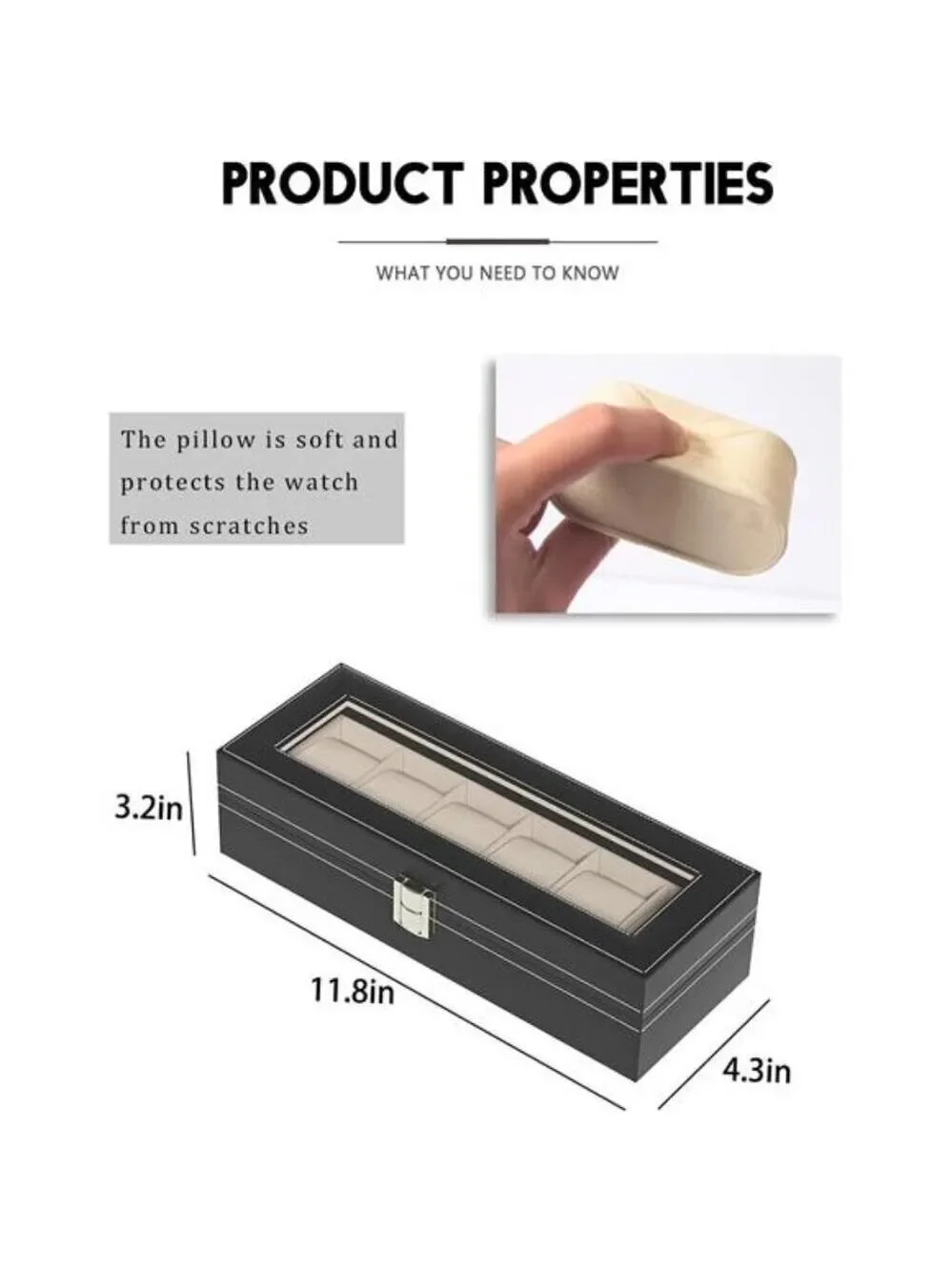 Black Leather Watch Display Box Organizer Case with Glass Lid 6 Slot Storage